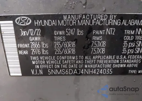 2022 Hyundai Santa Fe Sel z USA, uszkodzony, nr VIN 5NMS6DAJ4NH424035